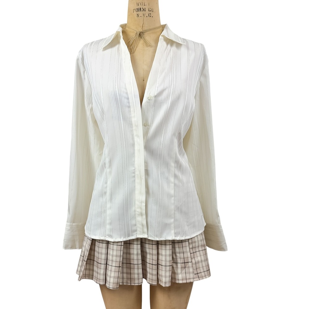 Croft & Barrow Y2K Cream Gold Pinstripe Fitted Button Up Blouse Office Size L